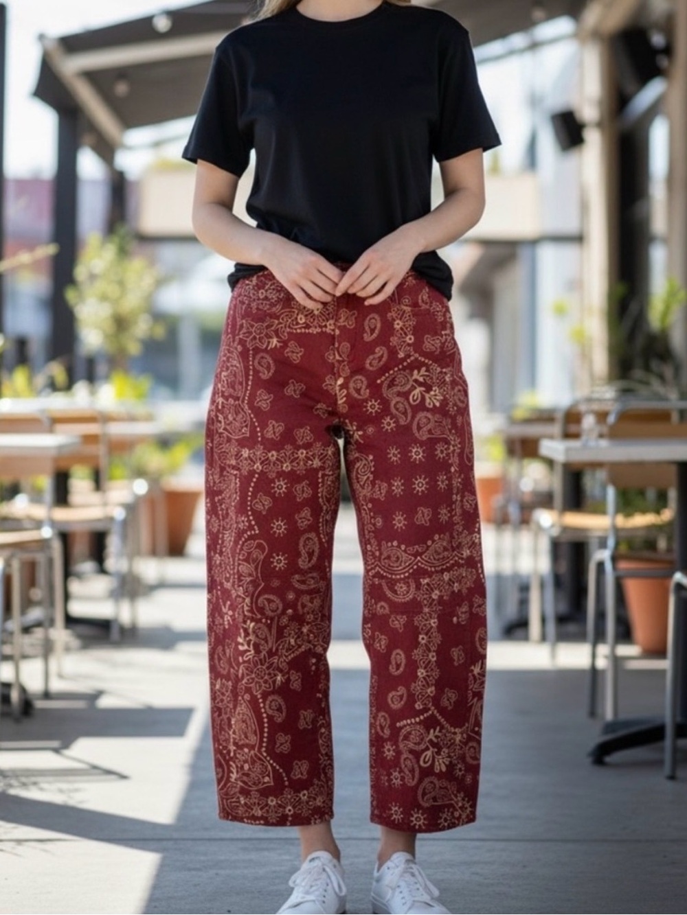Boutique Red Bandana Paisley Printed Wide Leg Barrel Jeans - Picture 11 of 11